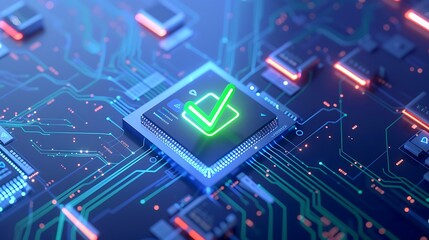 Circuit board with central processor showing green checkmark, symbolizing security and verification in technology.