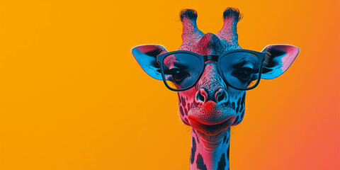 A giraffe wearing sunglasses, looking cool against a bright orange background.