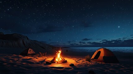 A beach campfire glowing brightly on a desert beach at twilight, with tents set up nearby and stars beginning to appear.