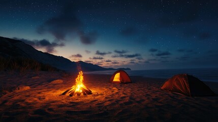 A beach campfire glowing brightly on a desert beach at twilight, with tents set up nearby and stars beginning to appear.