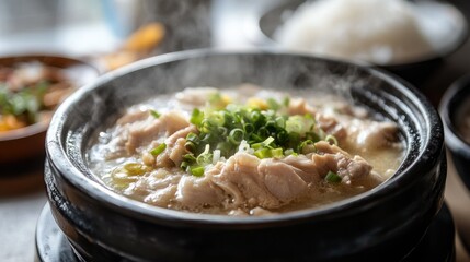 Samgyetang ginseng chicken soup in a black ceramic pot, with steam rising from the broth. The dish is garnished with chopped green onions and served with rice on the side.