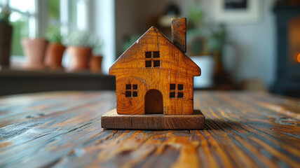 Small wooden house on the table close-up