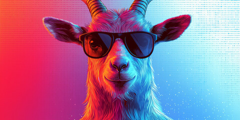 Wall Mural - A cool goat wearing sunglasses with a neon color gradient background.