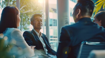 Wall Mural - A business meeting in a modern office setting, where professionals engage in a lively and productive discussion bathed in natural light.