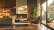 © VK Studio - A cozy, well-designed living room illuminated by natural light, featuring a fireplace and plants, creating a warm and inviting atmosphere.