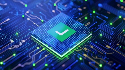 Closeup of a modern electronic microchip on a circuit board with a green checkmark icon, representing secure technology and data protection.