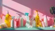 © VK Studio - A vibrant collection of colorful cleaning products against a pastel pink wall, casting playful shadows from the bright sunlight.
