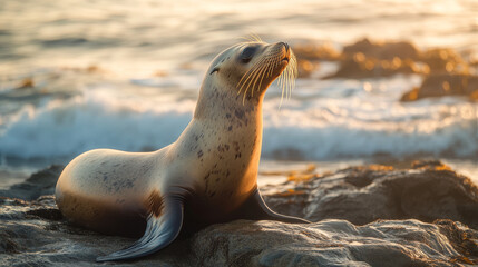 Wall Mural - Sea Lion Resting on Rocks at Sunset