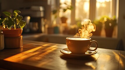 A cozy scene of a hot cup of coffee with a swirl of cream, steam rising in a warmly lit kitchen on a winter morning.