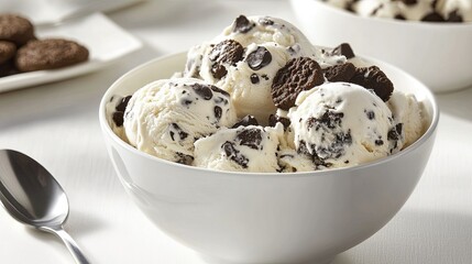 A delicious-looking bowl of cookies and cream ice cream with chunks of cookies mixed throughout, set on a white table.