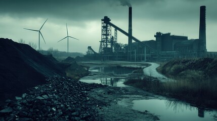 Aufkleber - Closed coal mines and factories are silhouetted against a gray sky, while wind turbines signify a shift towards renewable energy. Generative AI