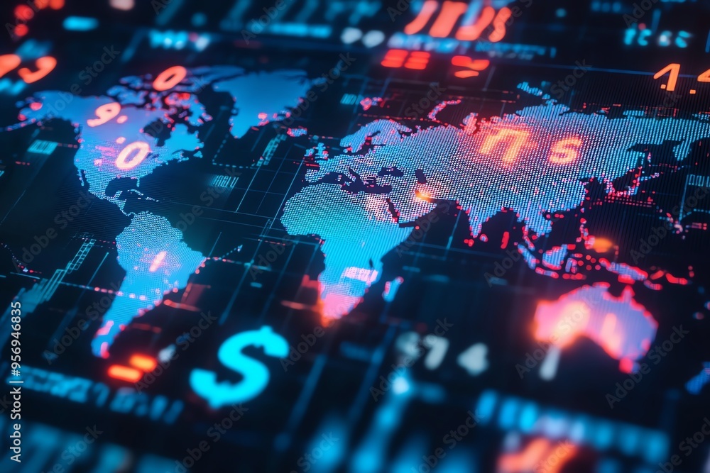 Stylized world map with digital data overlays, showcasing global ...