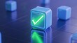 © Tackey - Digital block with a green checkmark icon glowing on a dark grid surface, representing confirmation or approval in technology concept.