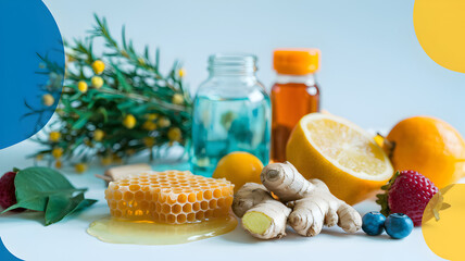 A variety of natural immune-boosting ingredients including honeycomb, ginger, lemon, berries, and essential oils, arranged with fresh herbs on a colorful background. Highlights the use of natural 