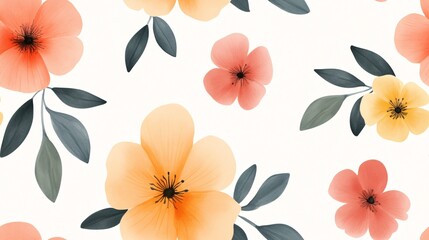 Sticker - Delicate Watercolor Floral Seamless Pattern: A graceful and delicate watercolor floral pattern featuring soft peach and yellow flowers with subtle grey-green leaves