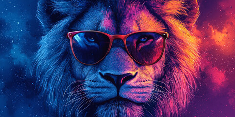 Wall Mural - Cool lion wearing sunglasses against a colorful, cosmic background.