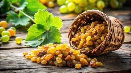 Golden raisins spill from a woven basket, surrounded by fresh grapes and lush greenery, against a warm, rustic wooden background with soft natural light.