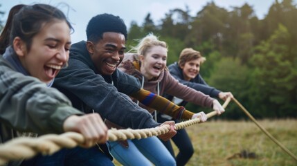 Young adults enthusiastically participate in a tug-of-war game in a grassy field, emphasizing team spirit and active engagement in outdoor fun.