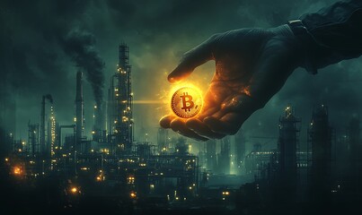 Abstract Visualization of Foreign Direct Investment as a Giant Hand Placing a Glowing Coin into a Growing Factory