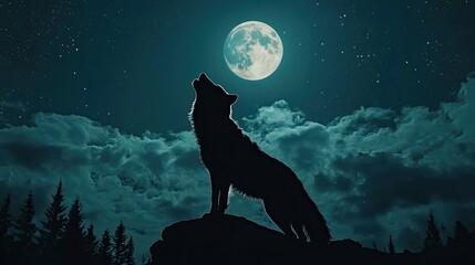 a silhouette of a wolf howling at the full moon under a sky filled with stars and passing clouds.