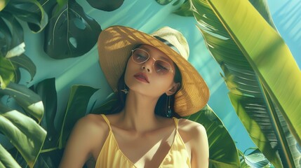 Poster - The woman relaxes in a chic summer outfit, basking in the warm sun beneath large tropical leaves. She exudes a carefree vibe. Generative AI