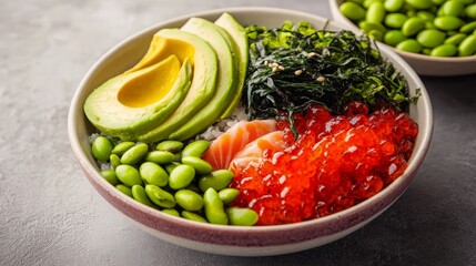 Wall Mural - Delicious Poke Bowl with Salmon, Avocado, and Edamame