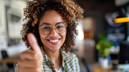 Smiling woman wearing glasses shows a thumbs up in an eyewear shop, representing vision care and health with a gesture of success and approval