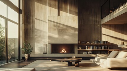 Wall Mural - A minimalist living room with a cozy fireplace, wooden accents, and sunlight streaming through large windows, creating a warm ambiance.