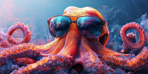 Wall Mural - A cool octopus wearing sunglasses, looking stylish and relaxed.