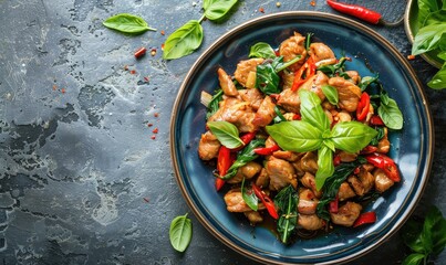 A beautifully plated dish of Thai basil chicken stir-fry with red peppers, basil leaves, and a touch of hot chili, captured on a dark, rustic background for a mouth-watering effect