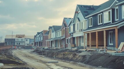 Rows of suburban houses under construction, hinting at new beginnings and a growing community.