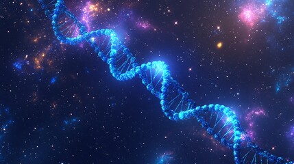 Wall Mural - A glowing blue DNA double helix against a starry night sky background.