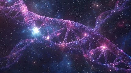 A swirling, glittering DNA helix, reminiscent of a nebula in space, with glowing stars and cosmic dust.