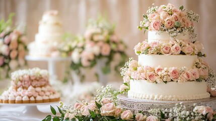 Wall Mural - Three-Tier Wedding Cake Decorated with Pink Roses