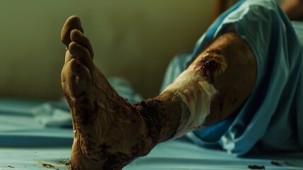 Close-up of a person's bandaged and partially injured leg resting on a blue sheet, highlighting the details and rawness of their wounds and recovery process.