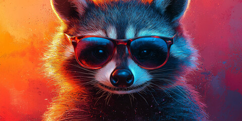 Canvas Print - A cool raccoon wearing sunglasses looks directly at the camera.