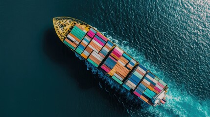 Top view of a freight ship filled with cargo containers at sea, symbolizing worldwide trade and logistics services for international business.