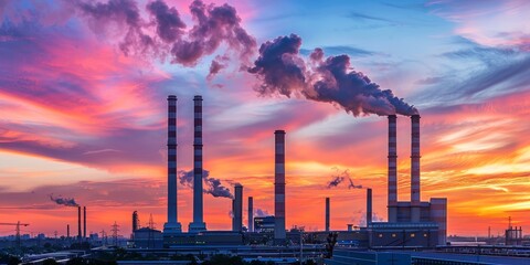 Aufkleber - Industrial plant exterior with smokestacks against a sunset sky, energy production and environmental impact