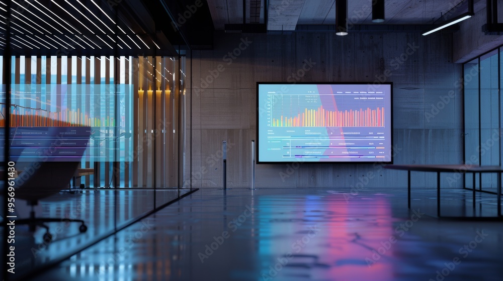 A modern office space with a large screen displaying colorful data ...