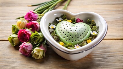 Adorable ceramic heart-shaped tea infuser filled with fresh green tea leaves and decorative flowers