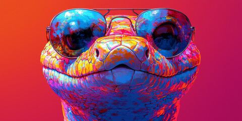 Canvas Print - A colorful snake with sunglasses stares directly at the camera with a playful expression.