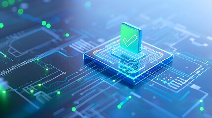 Wall Mural - Futuristic digital illustration of a checkmark on a microchip, symbolizing technology, cybersecurity, artificial intelligence, and data verification.