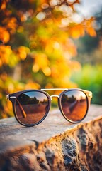 Sunglasses resting on a textured rock with a blurred autumnal backdrop.