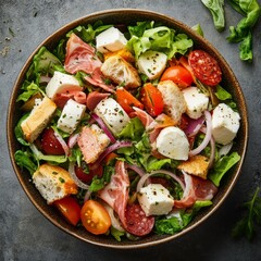 Salad with ham, buffalo mozzarella, parma ham, lettuce, cherry tomatoes, tomato