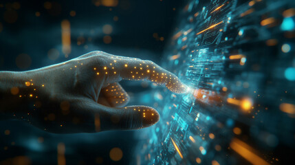 Finger touching on virtual screen ,hologram display,interface,big data concept.