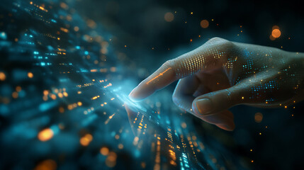 Finger touching on virtual screen ,hologram display,interface,big data concept.