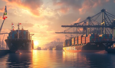Poster - Bustling International Port with Massive Cargo Ships Loading Containers Marked by Flags of Different Nations at Sunrise