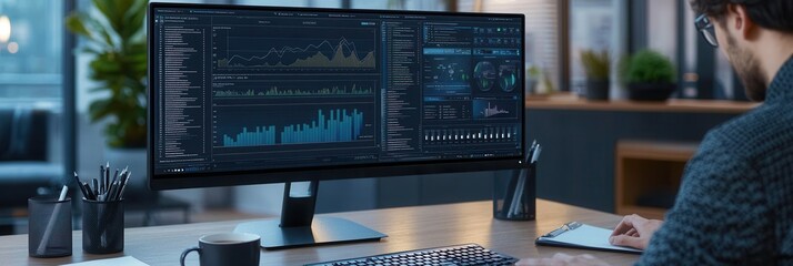 Fototapete - An expert intensely focuses on a large monitor, analyzing data while sitting at a tidy desk with a coffee mug and notepad. Generative AI