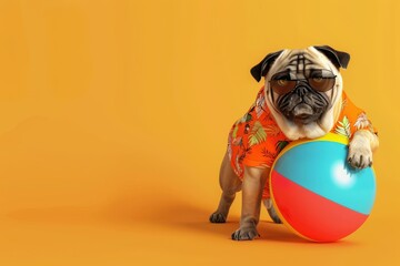 A pug dog playing with a ball