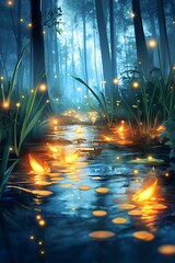 Wall Mural - Enchanting Firefly Forest Stream.